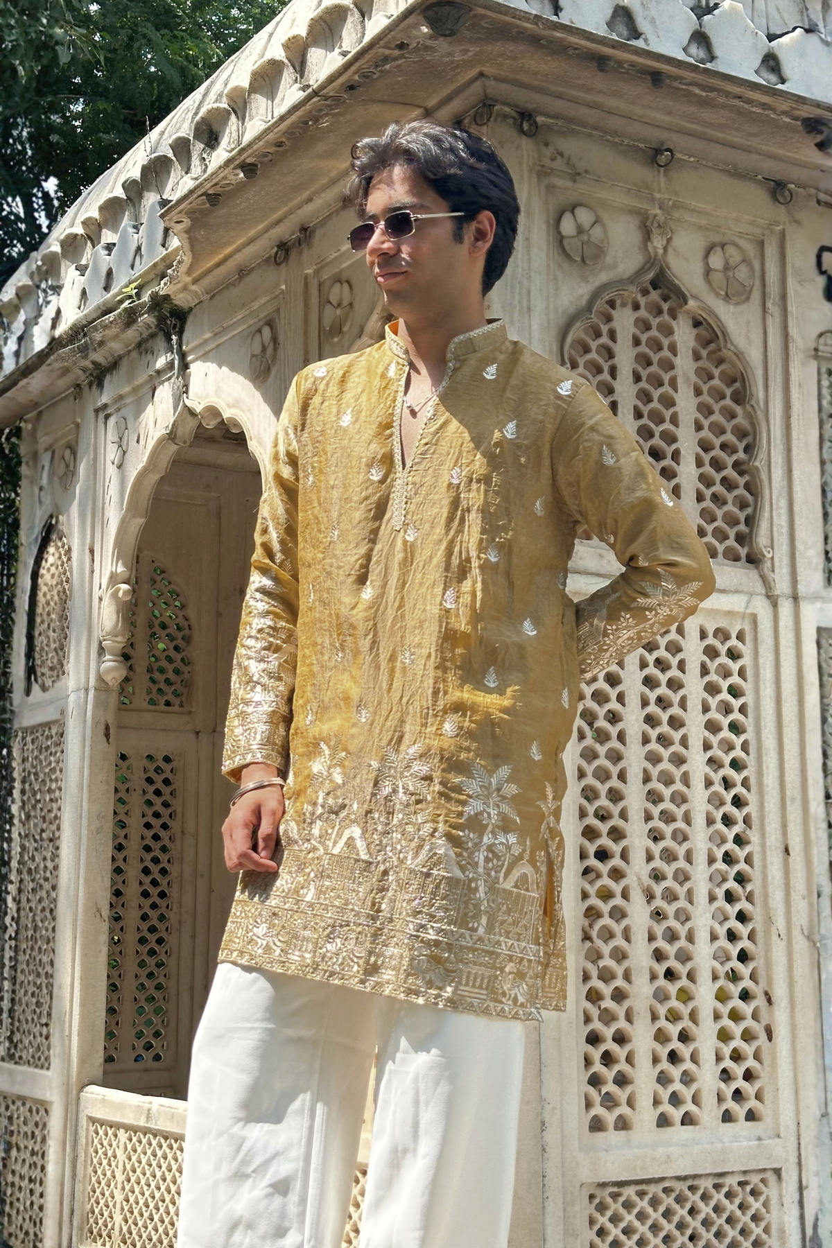 Golden Satin Fancy Short Kurta Set with Zari Embroidery