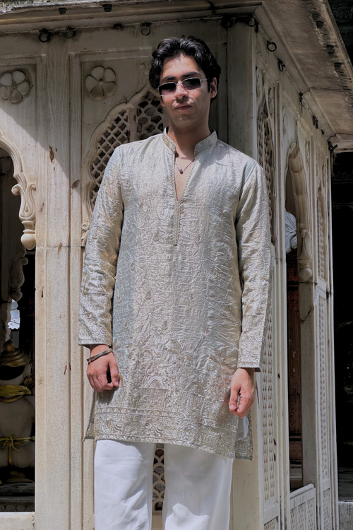 Grey Satin Fancy Short Kurta Set with Zari Embroidery