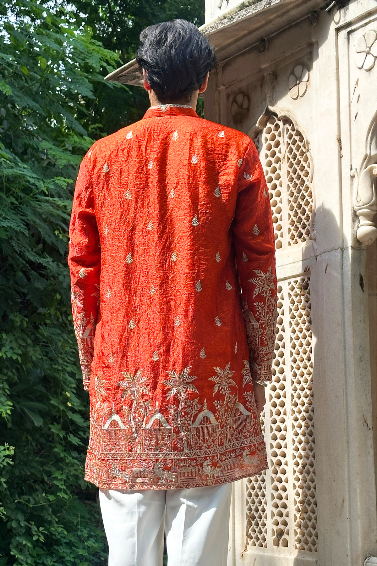 Orange Satin Fancy Short Kurta Set with Zari Embroidery