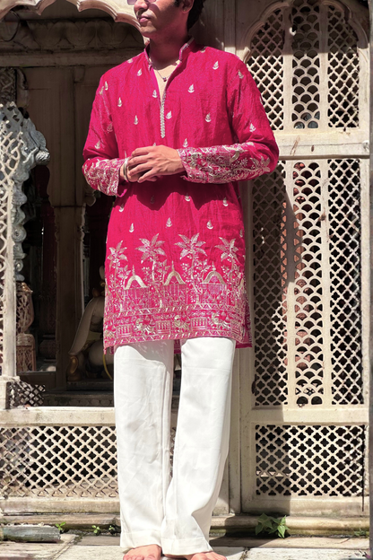 Red Pink Satin Fancy Short Kurta Set with Zari Embroidery