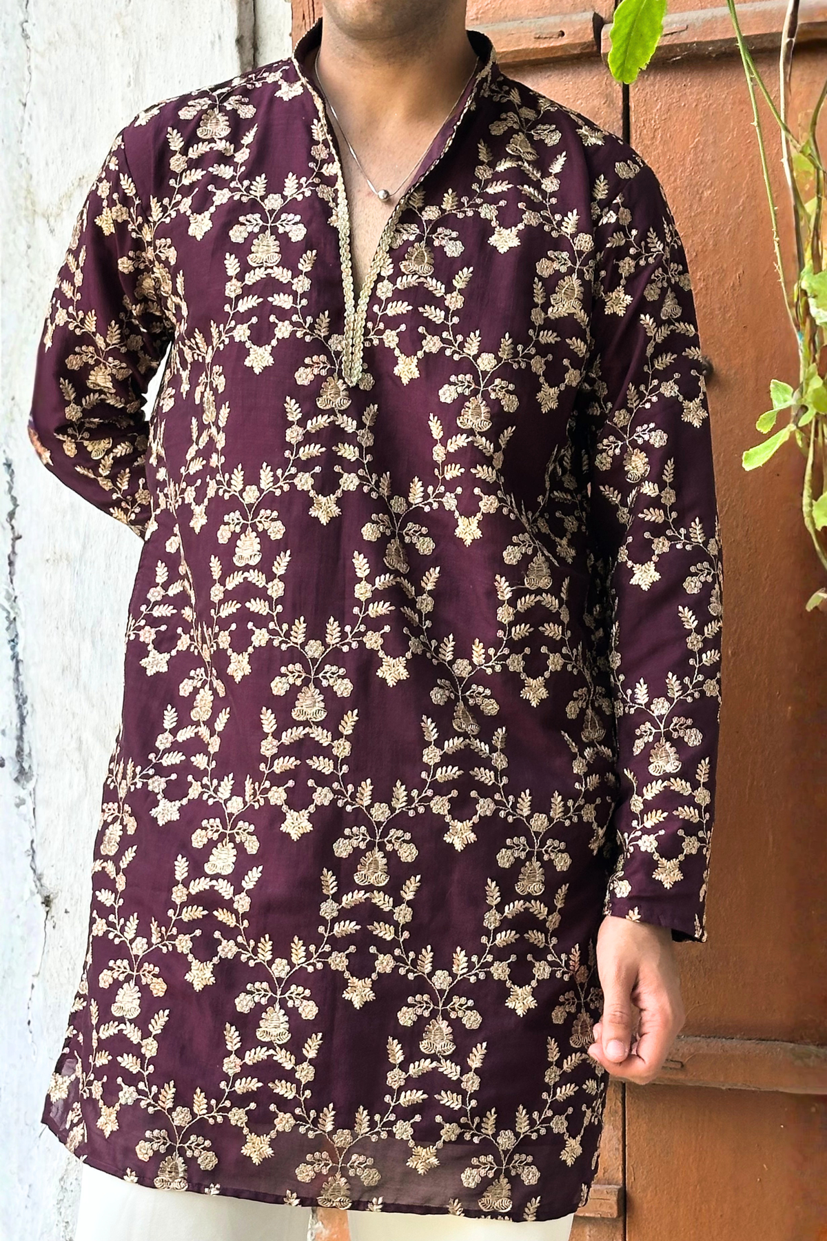 Rust Maroon Silk Base Short Kurta Set with Jari Embroidery