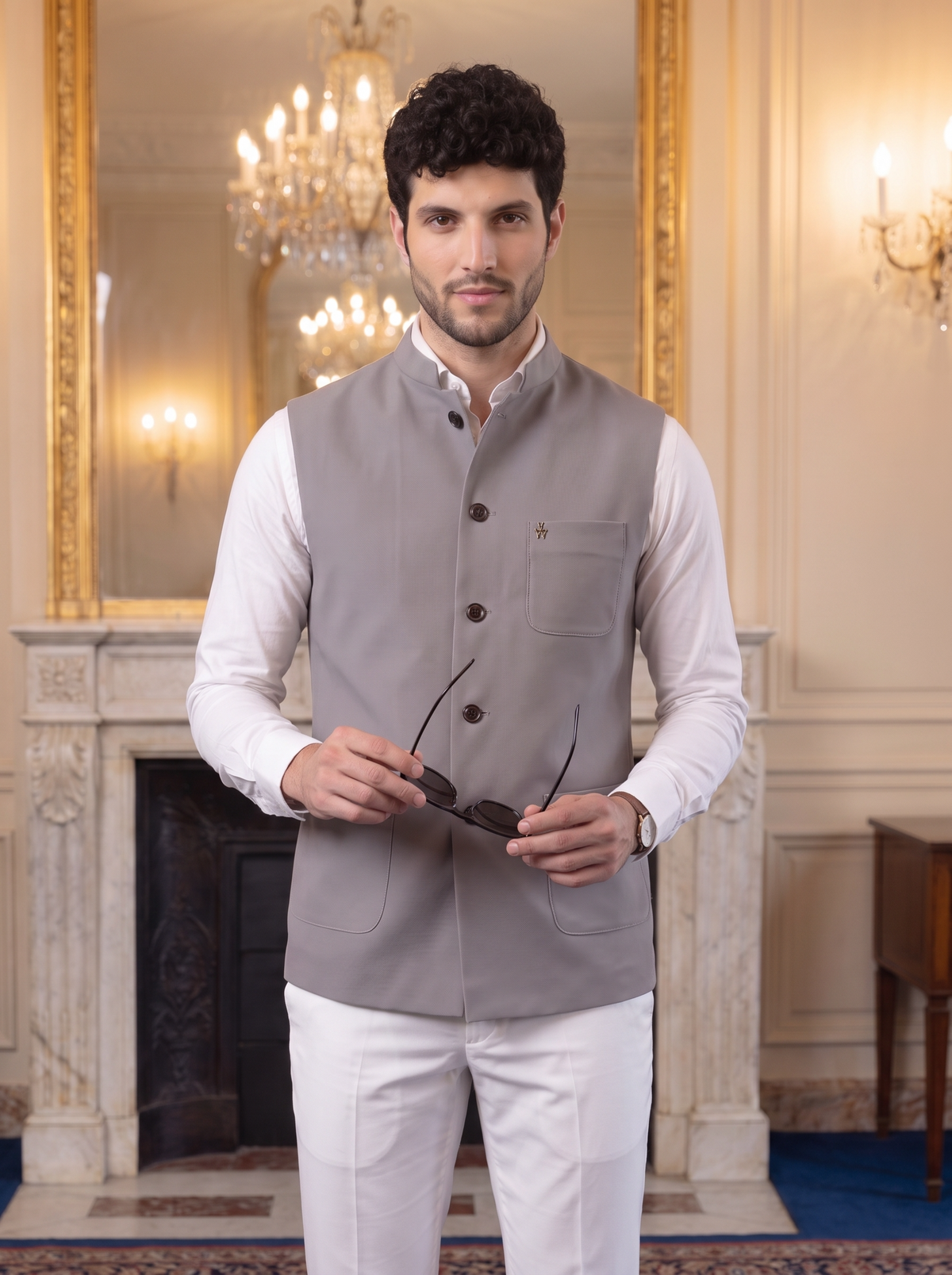 Premium Pebble Knit Bandi Jacket with Patch Pockets