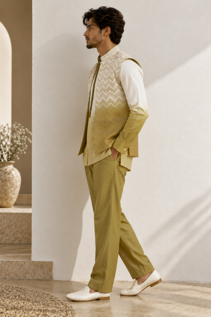 Ivory Olive Gold Georgette Bandi Jacket Kurta Set with Thread Embroidery and Sequins