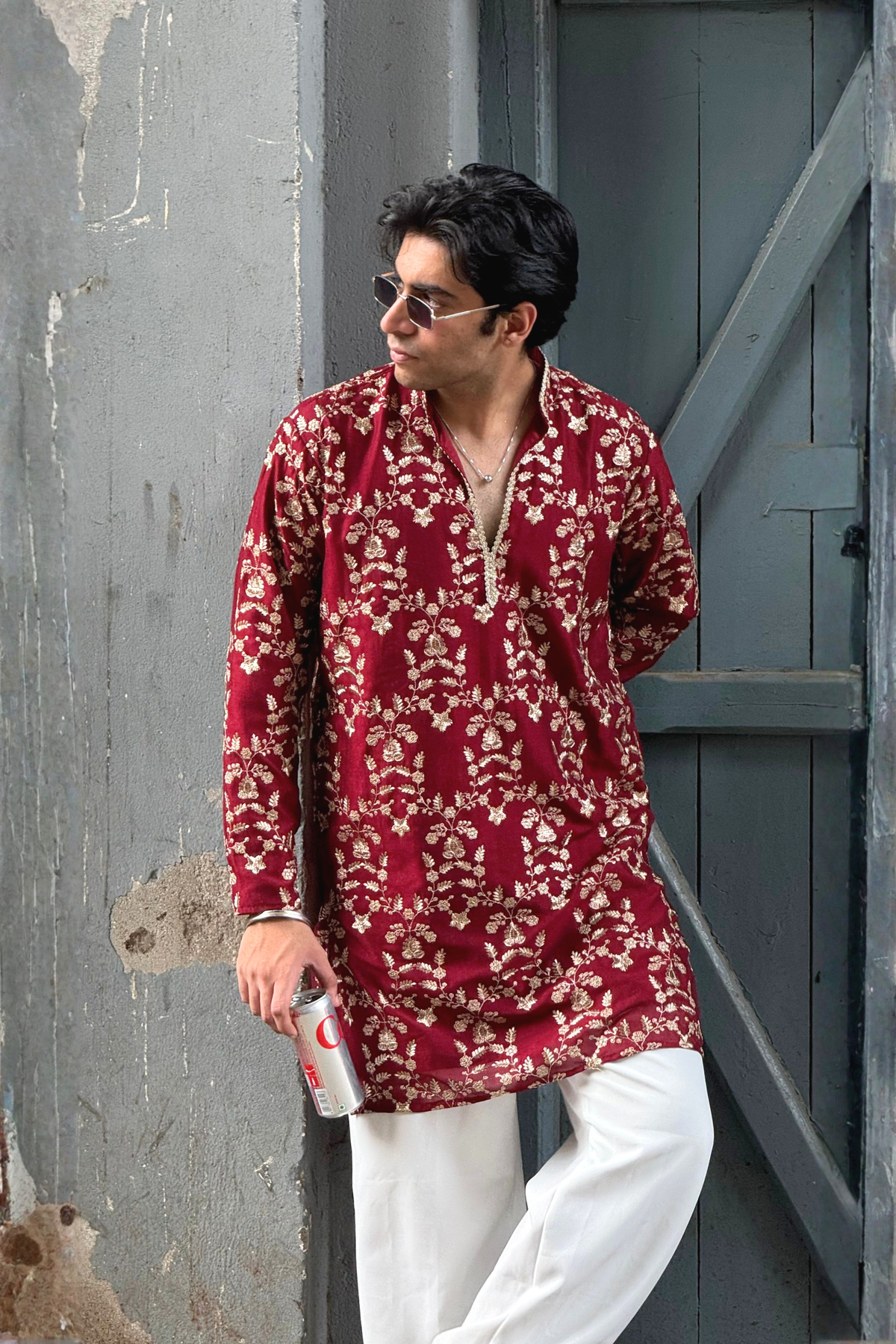 Rust Maroon Silk Base Short Kurta Set with Jari Embroidery
