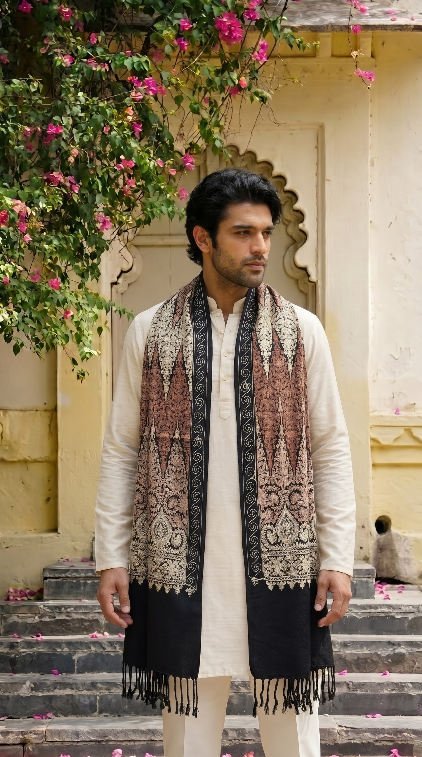 Blue Pashmina Jacquard Dupatta with Embroidery
