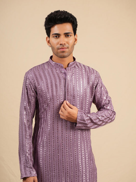 Men's Purple Rayon Kurta with Sequins & Threadwork Embroidery Set