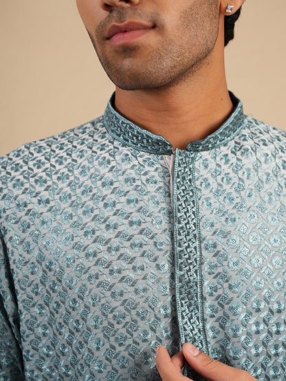 Men's Slate Blue Ombre Rayon Kurta with Sequins & Thread Work Embroidery Set