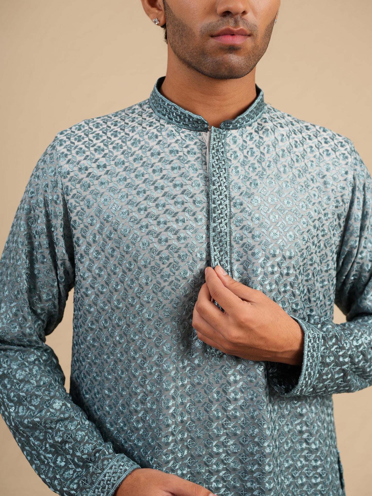 Men's Slate Blue Ombre Rayon Kurta with Sequins & Thread Work Embroidery Set