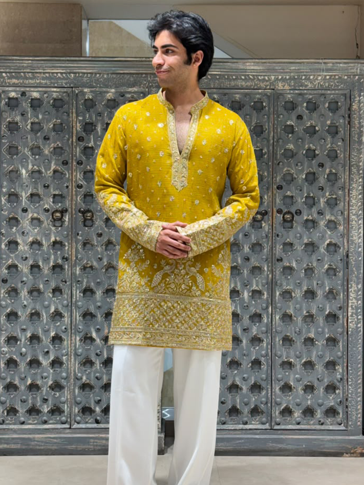 Mustard Crush Tissue Short Kurta Set with Embroidery and Sequins