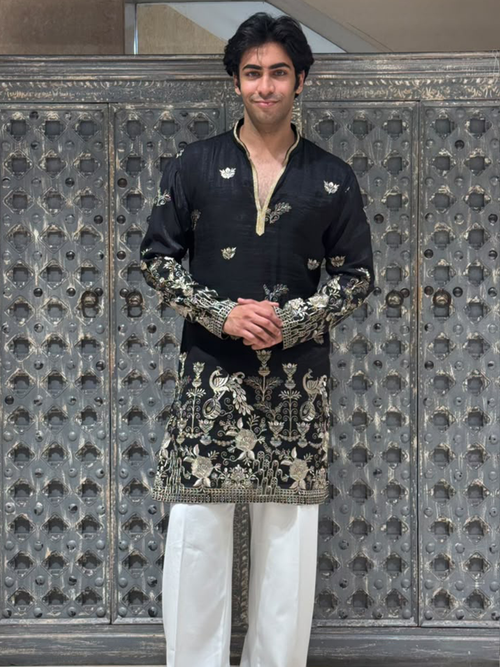 Black Shimmer Organza Short Kurta Set with Jari Embroidery