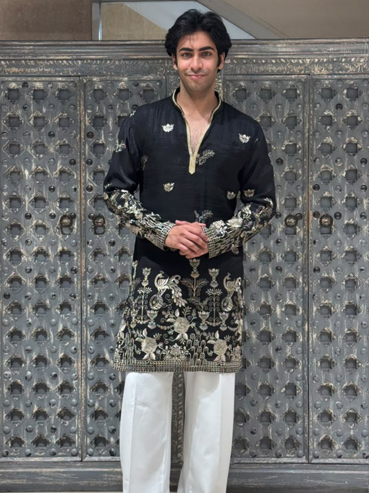 Black Shimmer Organza Short Kurta Set with Jari Embroidery