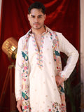 Men's White Linen Satin Kurta Set with Multicolour Embroidery & Georgette Dupatta