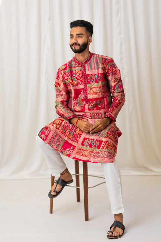 Men's Pink Jacquard Kurta Set