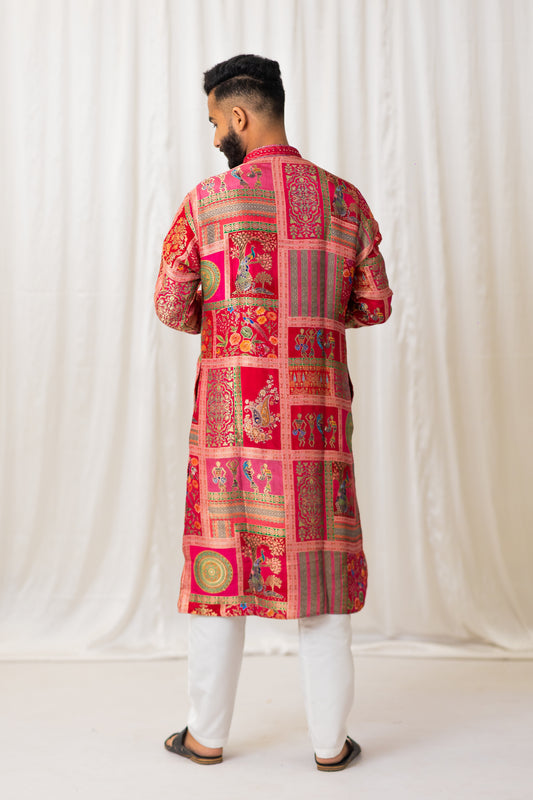 Men's Pink Jacquard Kurta Set