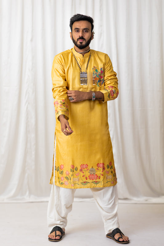 Men's Yellow Silk Digital Print & Foil Work Kurta Set