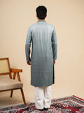 Men's Slate Blue Ombre Rayon Kurta with Sequins & Thread Work Embroidery Set