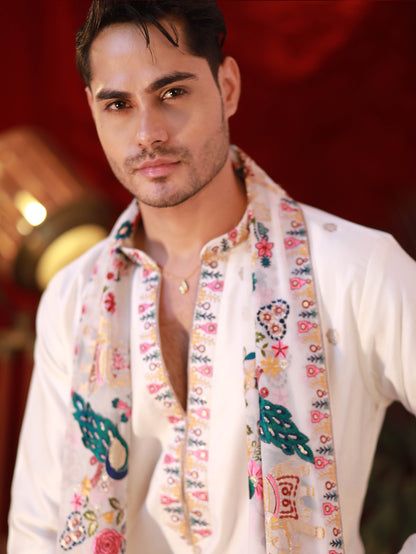 Men's White Linen Satin Kurta Set with Multicolour Embroidery & Georgette Dupatta