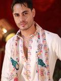 Men's White Linen Satin Kurta Set with Multicolour Embroidery & Georgette Dupatta