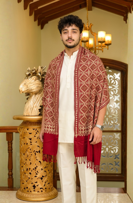 Red Pashmina Jacquard Dupatta with Embroidery
