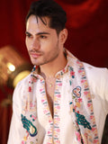 Men's White Linen Satin Kurta Set with Multicolour Embroidery & Georgette Dupatta