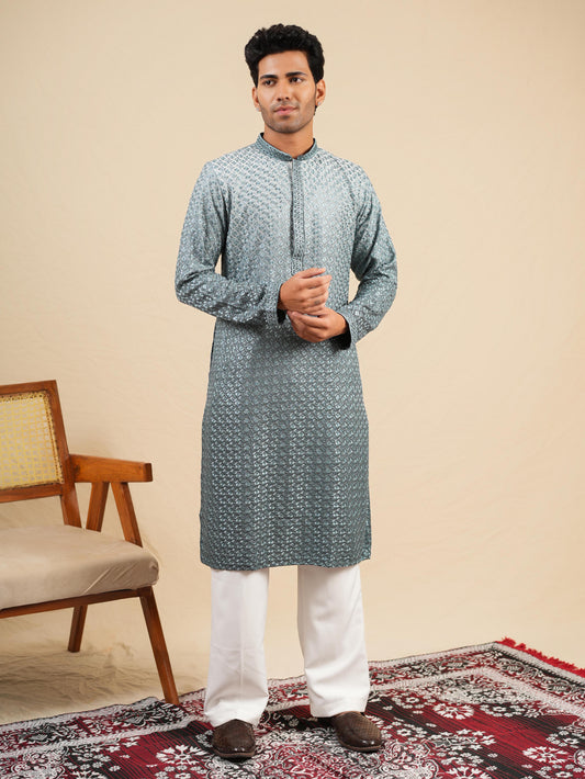 Men's Slate Blue Ombre Rayon Kurta with Sequins & Thread Work Embroidery Set