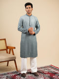 Men's Slate Blue Ombre Rayon Kurta with Sequins & Thread Work Embroidery Set