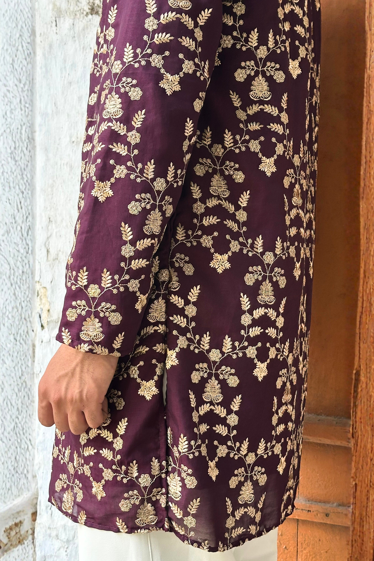 Rust Maroon Silk Base Short Kurta Set with Jari Embroidery
