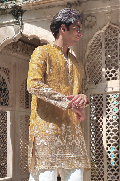 Golden Satin Fancy Short Kurta Set with Zari Embroidery
