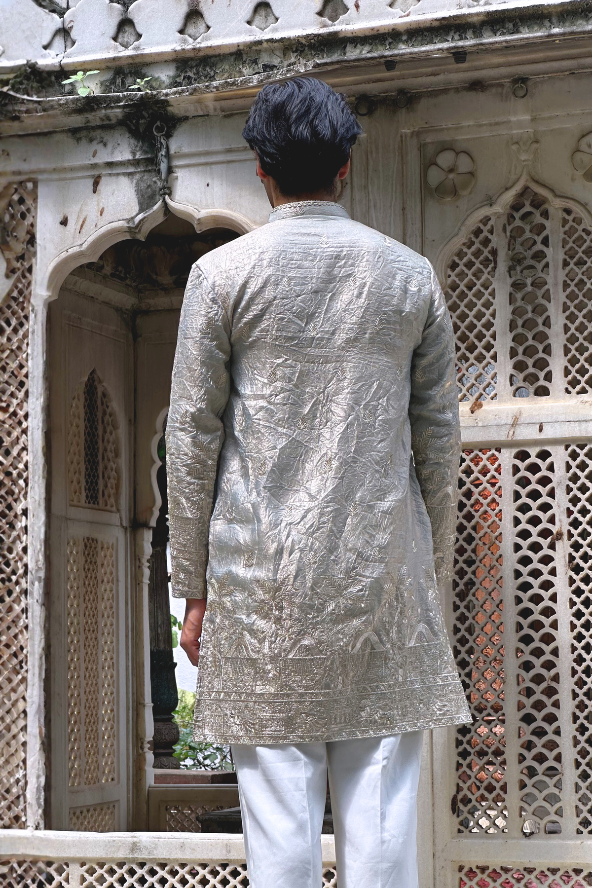 Grey Satin Fancy Short Kurta Set with Zari Embroidery