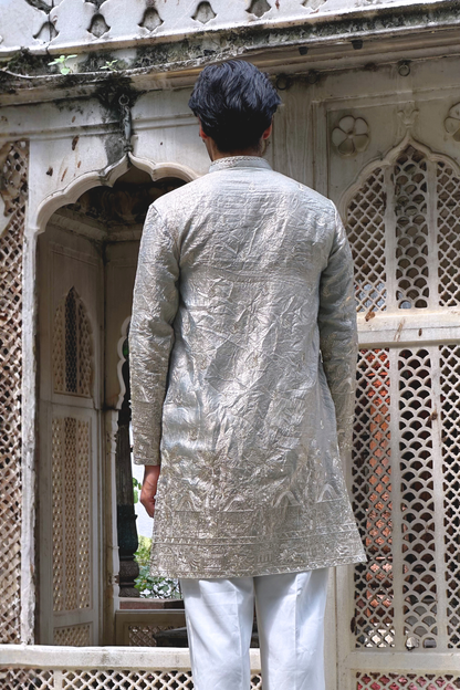 Grey Satin Fancy Short Kurta Set with Zari Embroidery