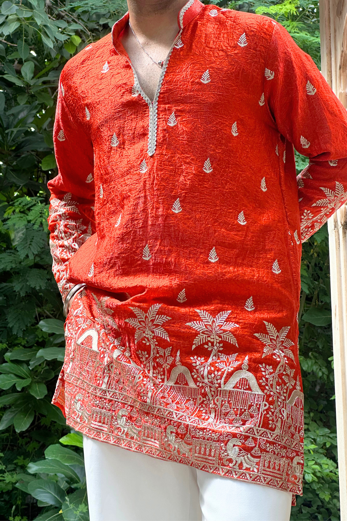 Orange Satin Fancy Short Kurta Set with Zari Embroidery