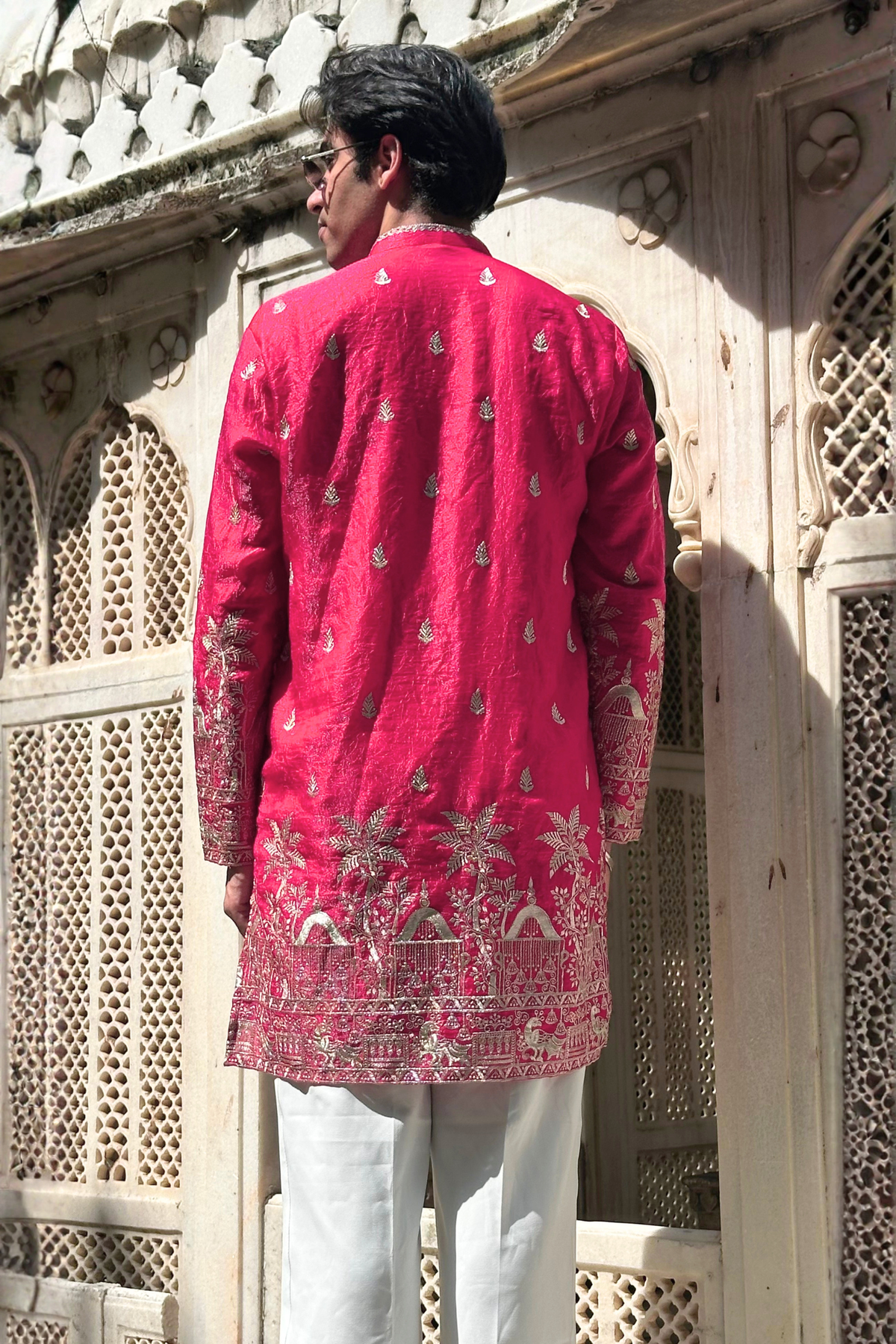 Red Pink Satin Fancy Short Kurta Set with Zari Embroidery