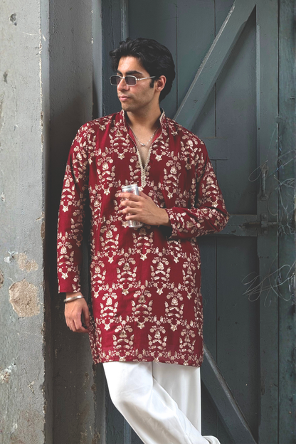 Rust Maroon Silk Base Short Kurta Set with Jari Embroidery