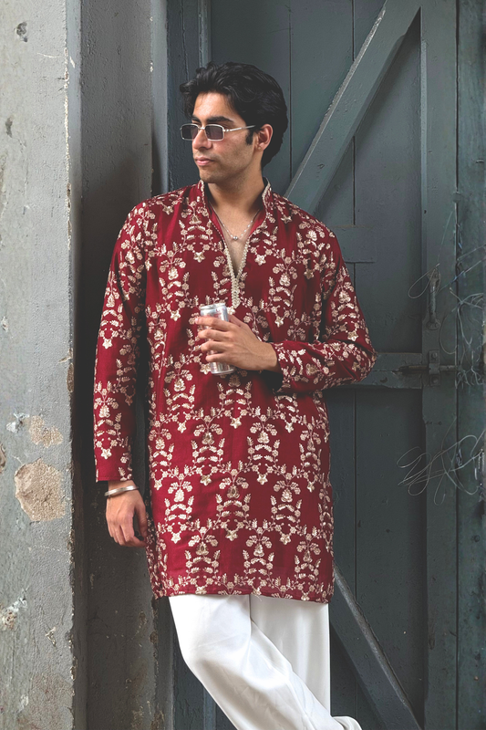 Rust Maroon Silk Base Short Kurta Set with Jari Embroidery