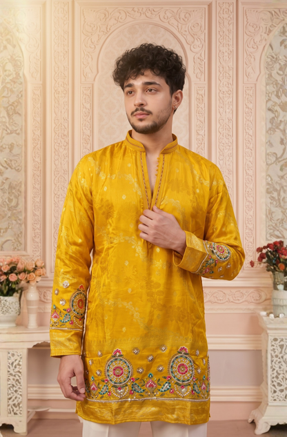 Yellow Jacquard Silk Short Kurta Set with Multicolour Embroidery & Bead Work