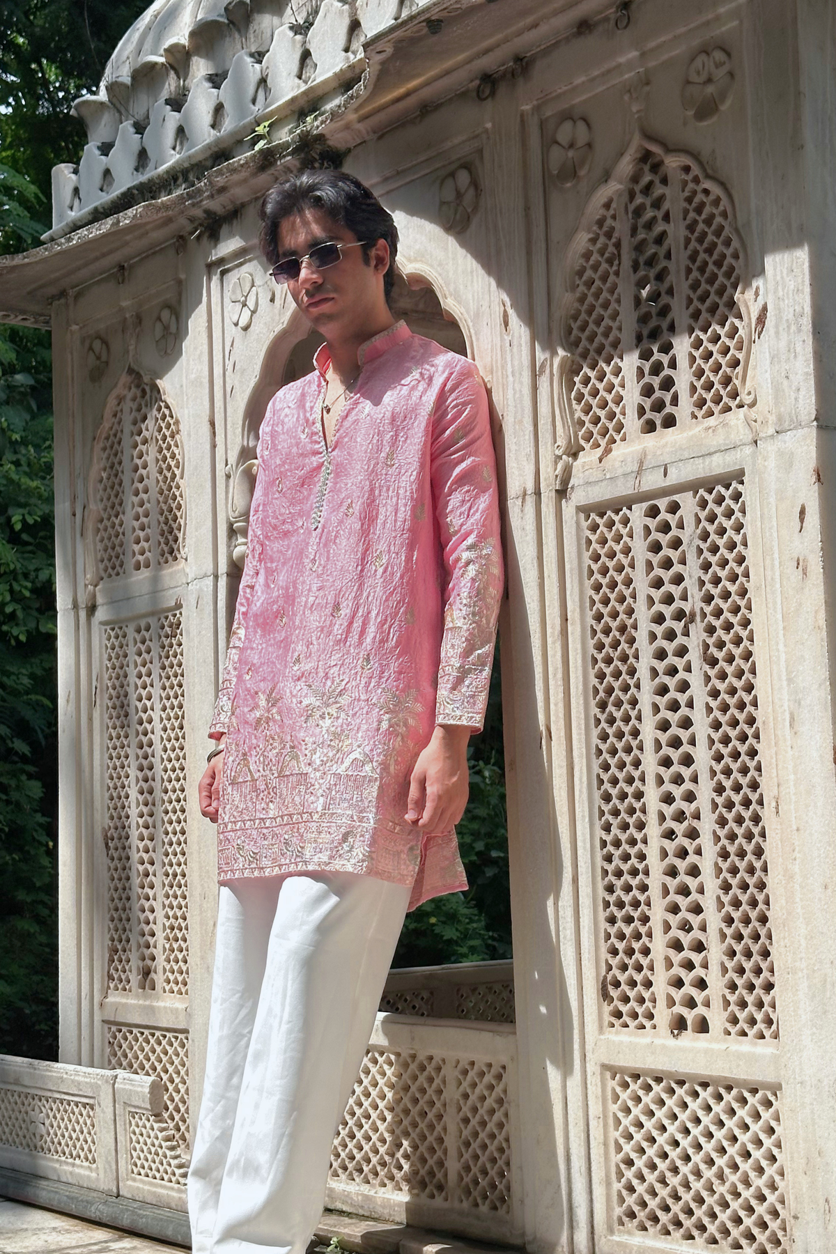 Light Pink Satin Fancy Short Kurta Set with Zari Embroidery
