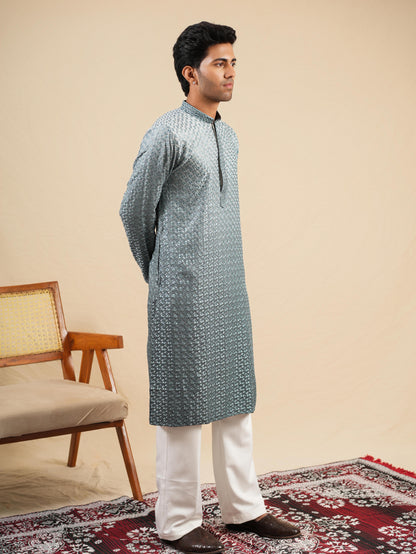 Men's Slate Blue Ombre Rayon Kurta with Sequins & Thread Work Embroidery Set