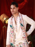 Men's White Linen Satin Kurta Set with Multicolour Embroidery & Georgette Dupatta