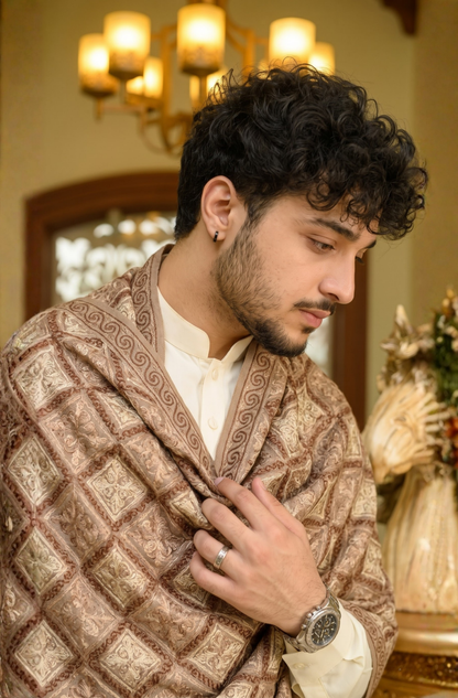 Brown Pashmina Jacquard Dupatta with Embroidery