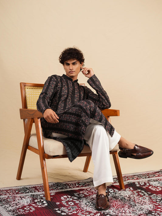 Men's Black Rayon Kurta with Thread Work Embroidery Set