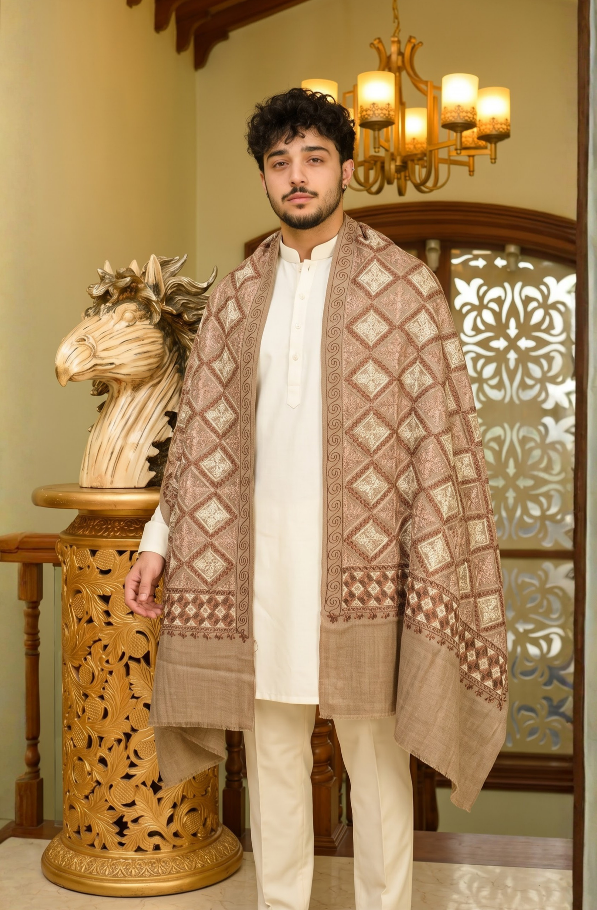 Brown Pashmina Jacquard Dupatta with Embroidery