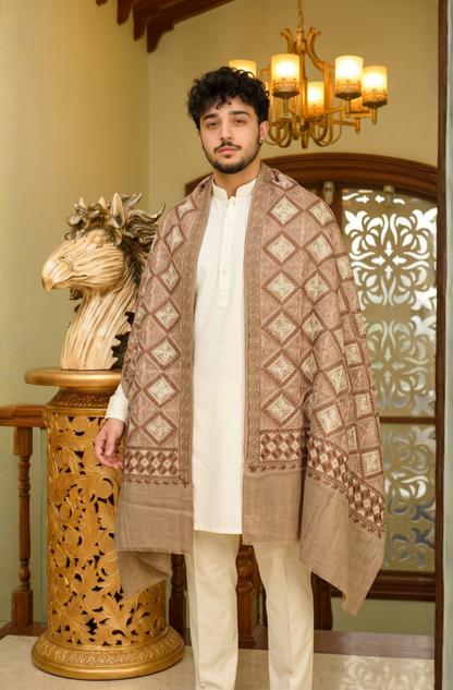 Brown Pashmina Jacquard Dupatta with Embroidery