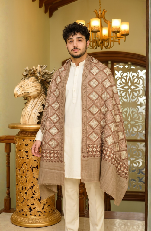 Brown Pashmina Jacquard Dupatta with Embroidery