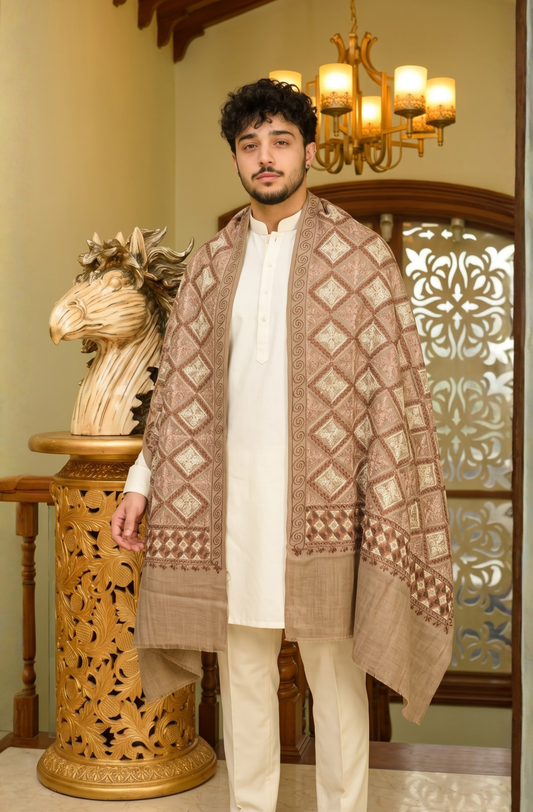 Brown Pashmina Jacquard Dupatta with Embroidery