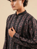 Men's Black Rayon Kurta with Thread Work Embroidery Set