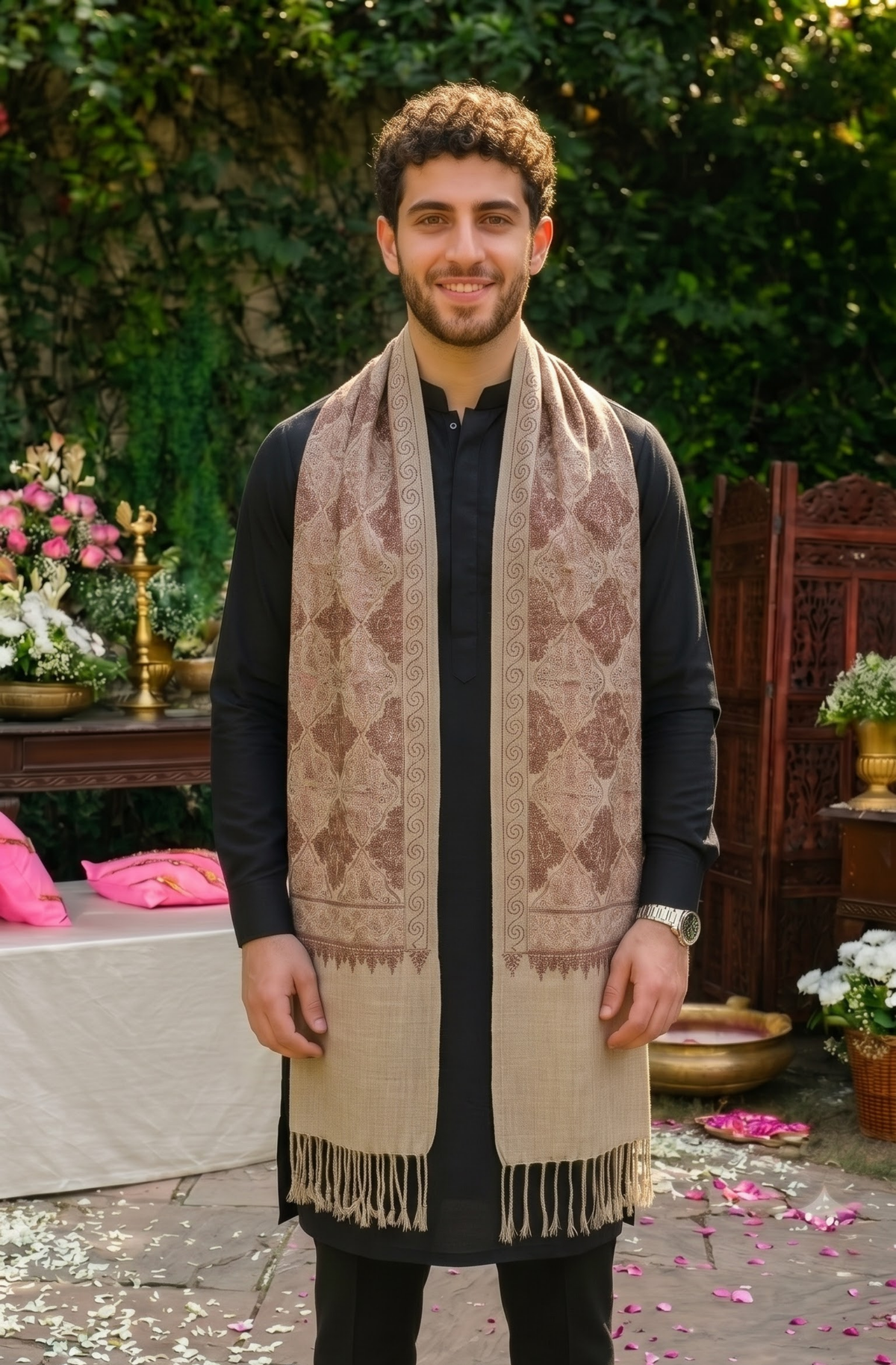 Blue Pashmina Jacquard Dupatta with Embroidery