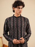 Men's Black Rayon Kurta with Thread Work Embroidery Set