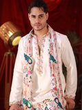 Men's White Linen Satin Kurta Set with Multicolour Embroidery & Georgette Dupatta