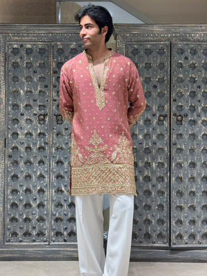 Dusty Rose Crush Tissue Short Kurta Set with Embroidery and Sequins
