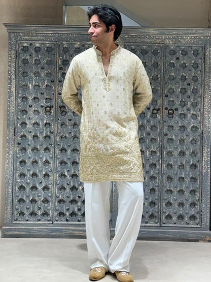 Cream Crush Tissue Short Kurta Set with Embroidery and Sequins